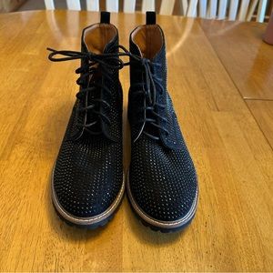 L’Amour Des Pieds Oden Black Suede Comfort Booties with sparkles